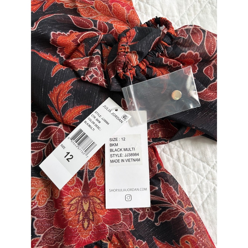 Julia Jordan Dress Metallic Floral Paisley Ruffle Neck Midi Black Orange Size 12 - Picture 5 of 11
